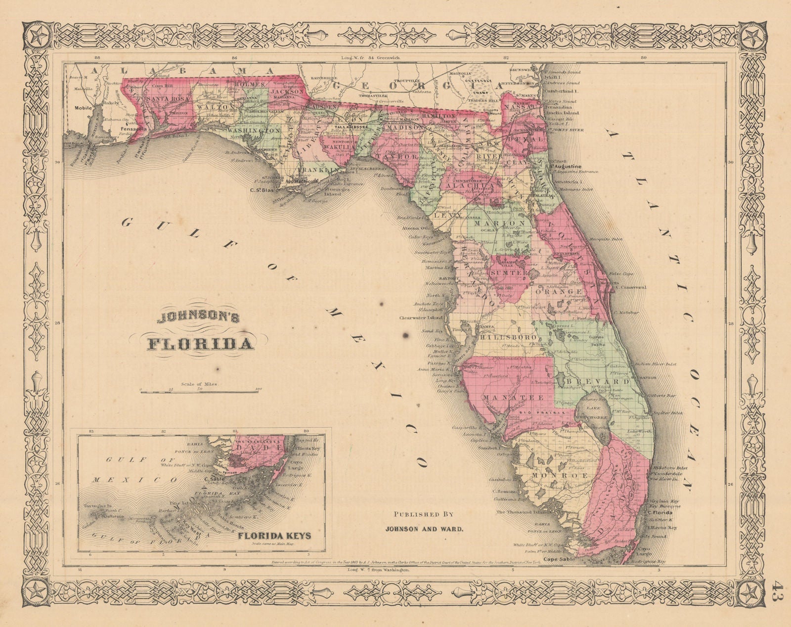 Johnson's Florida. Florida Keys. US state map showing counties 1865 old